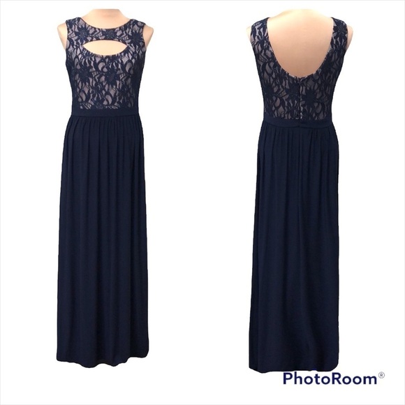 Morgan & Co Cutout Glittery Lace Navy Blue Gown Size Medium - Picture 1 of 8